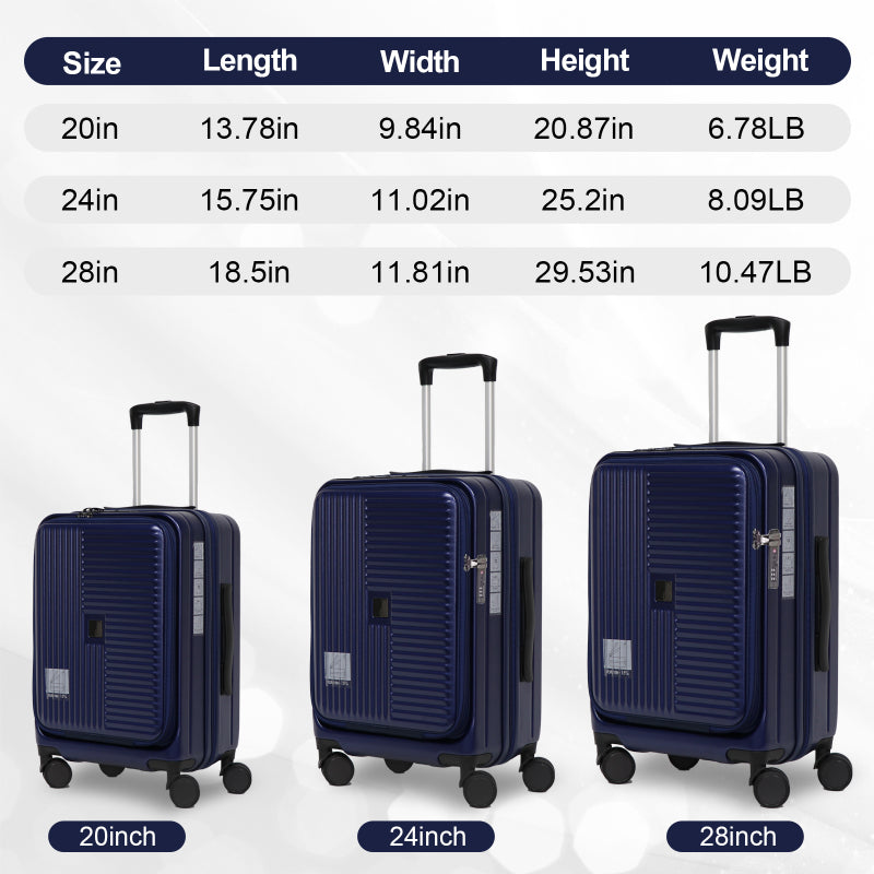 Blue Hardshell Luggage 3 Sets with Front Opening TSA Approved Lock