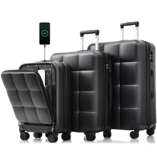 Luggage Sets 3 Piece 20-inch with USB Port and front opening design,  ABS Hard Shell Luggage with Spinner Wheels, Cup Holder