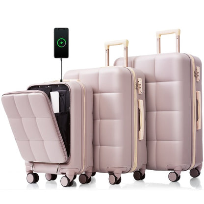 Luggage Sets 3 Piece 20-inch with USB Port and front opening design,  ABS Hard Shell Luggage with Spinner Wheels, Cup Holder