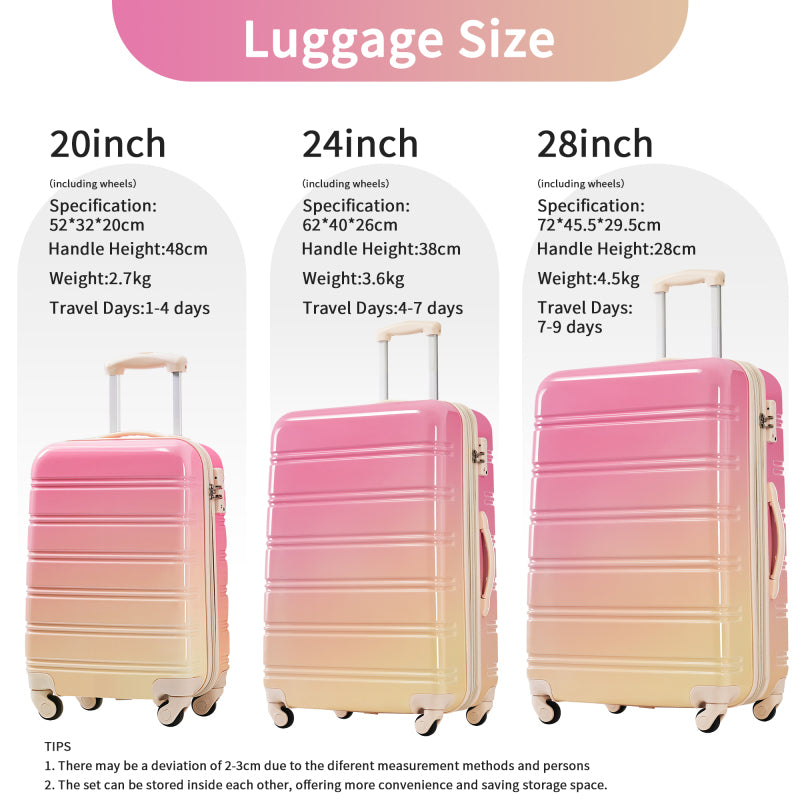 Hardshell Luggage Sets 3 Piece Gradient Color Expandable Suitcase Available 20" 24" 28" Inch