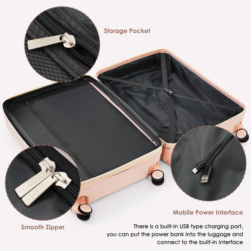 Luggage Sets 3 Piece 20-inch with USB Port and front opening design,  ABS Hard Shell Luggage with Spinner Wheels, Cup Holder