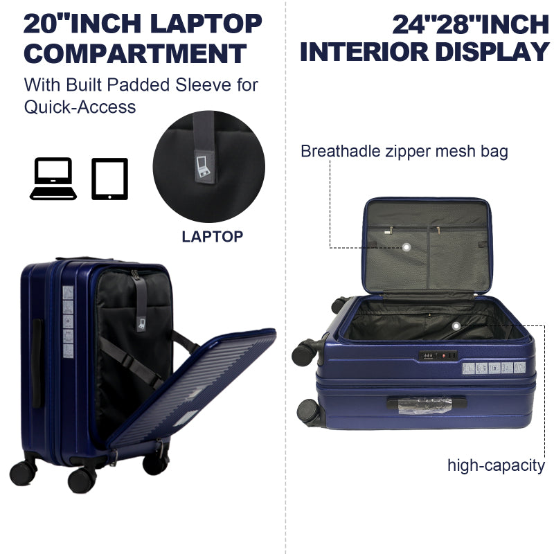 Blue Hardshell Luggage 3 Sets with Front Opening TSA Approved Lock