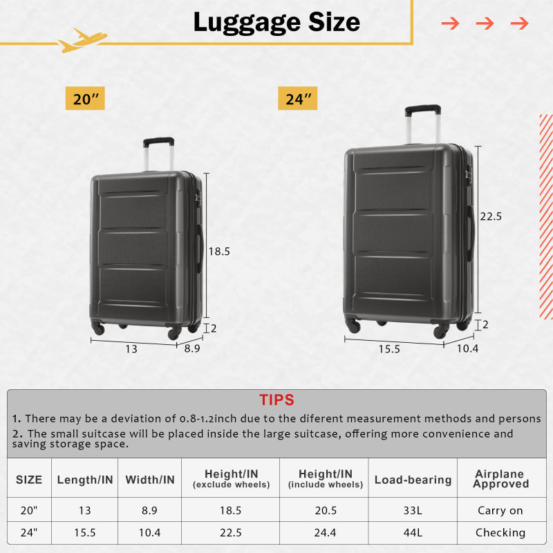 2 Piece Luggage Set with 2 Bags Expanable with TSA Lock of 20Inch+24Inch