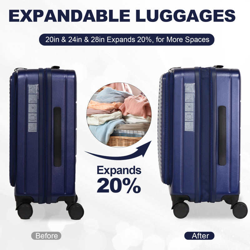 Blue Hardshell Luggage 3 Sets with Front Opening TSA Approved Lock